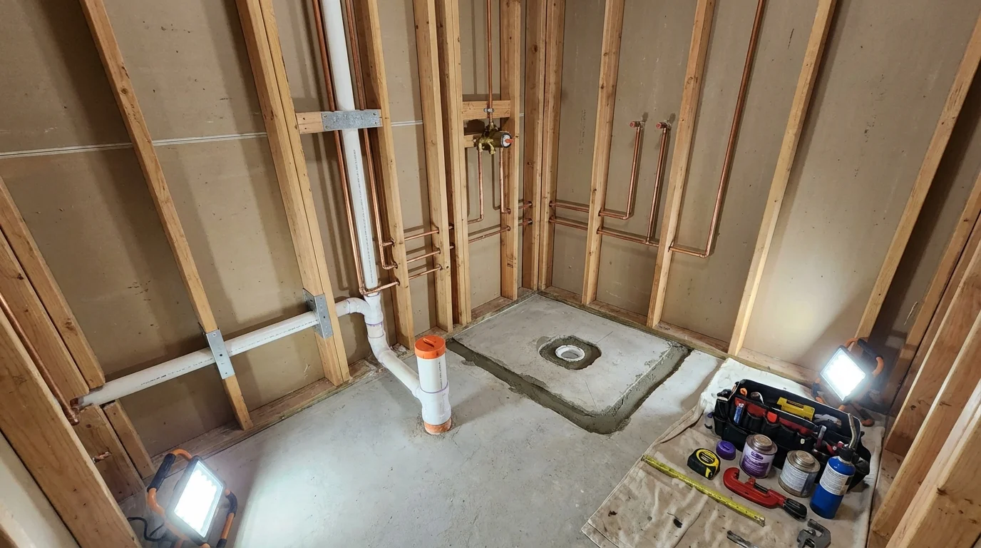 Bathroom rough-in plumbing during remodel by Johns Plumbing LLC in Luxemburg