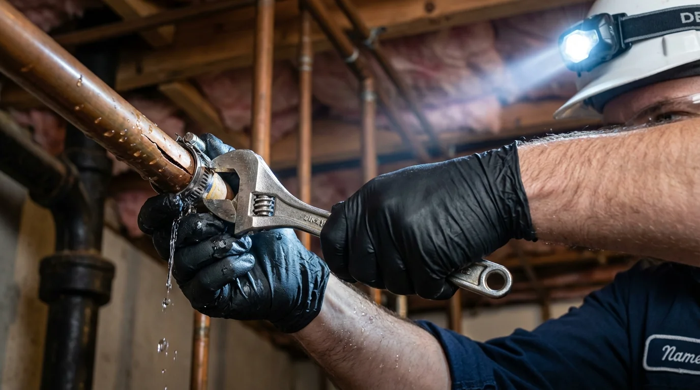 Emergency pipe clamp repair being performed by a Johns Plumbing LLC plumber in Luxemburg