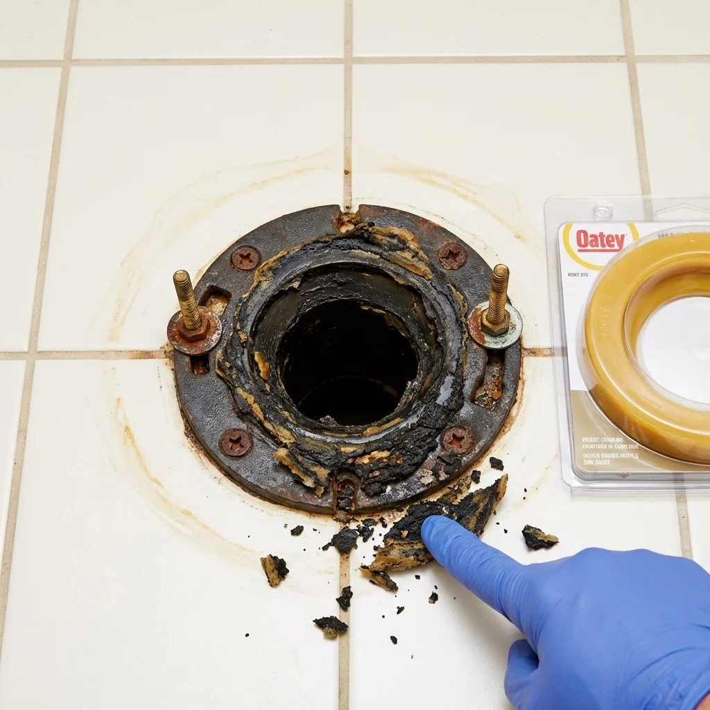 Failed wax ring showing water seepage at the base of a toilet in a Luxemburg, WI home