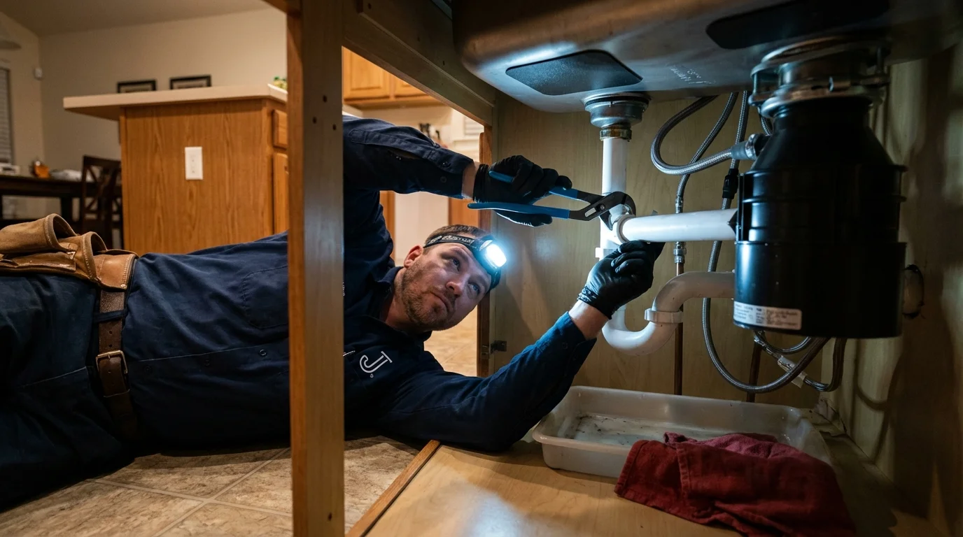 P-trap and supply line connections under a kitchen sink showing a common leak point in Luxemburg, WI